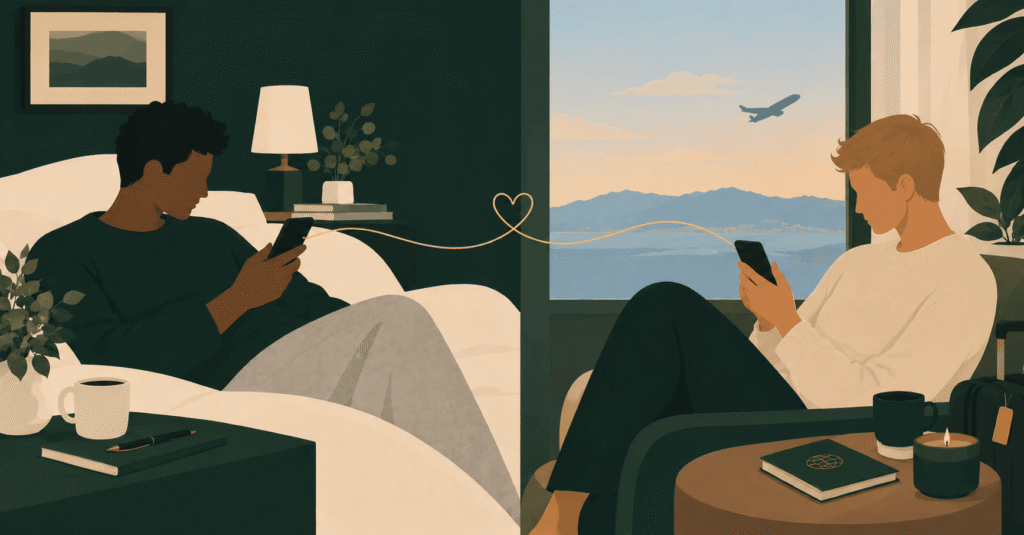 A couple set in two separate places, on their phones texting each other, phones connected by a dotted white line with a heart in the middle.