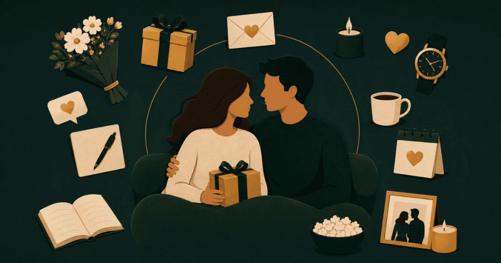 An illustration of a couple surrounded by love language gift ideas.